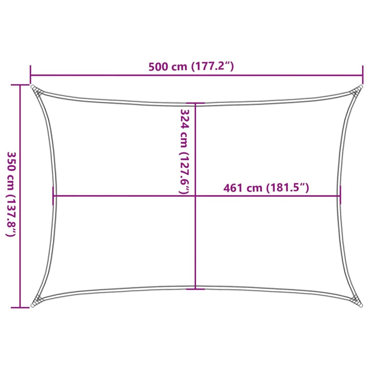Quadratischer, beigefarbener Sonnenschirm mit lila beschrifteten Abmessungen: 500 cm x 350 cm.