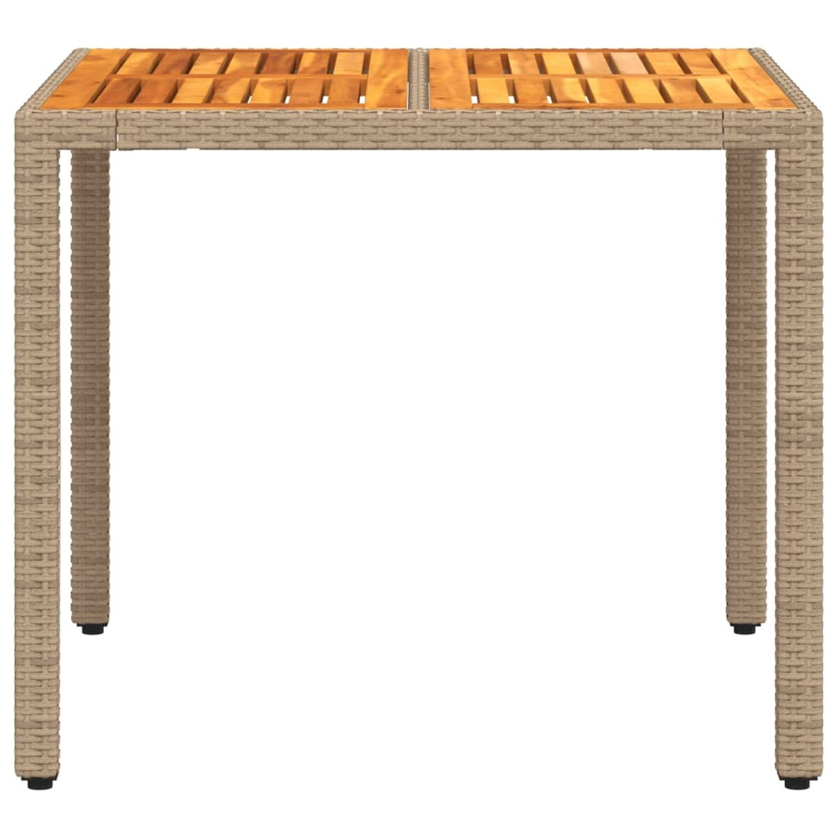 Ein quadratischer Tisch mit Holzplatte und Korbrahmen.