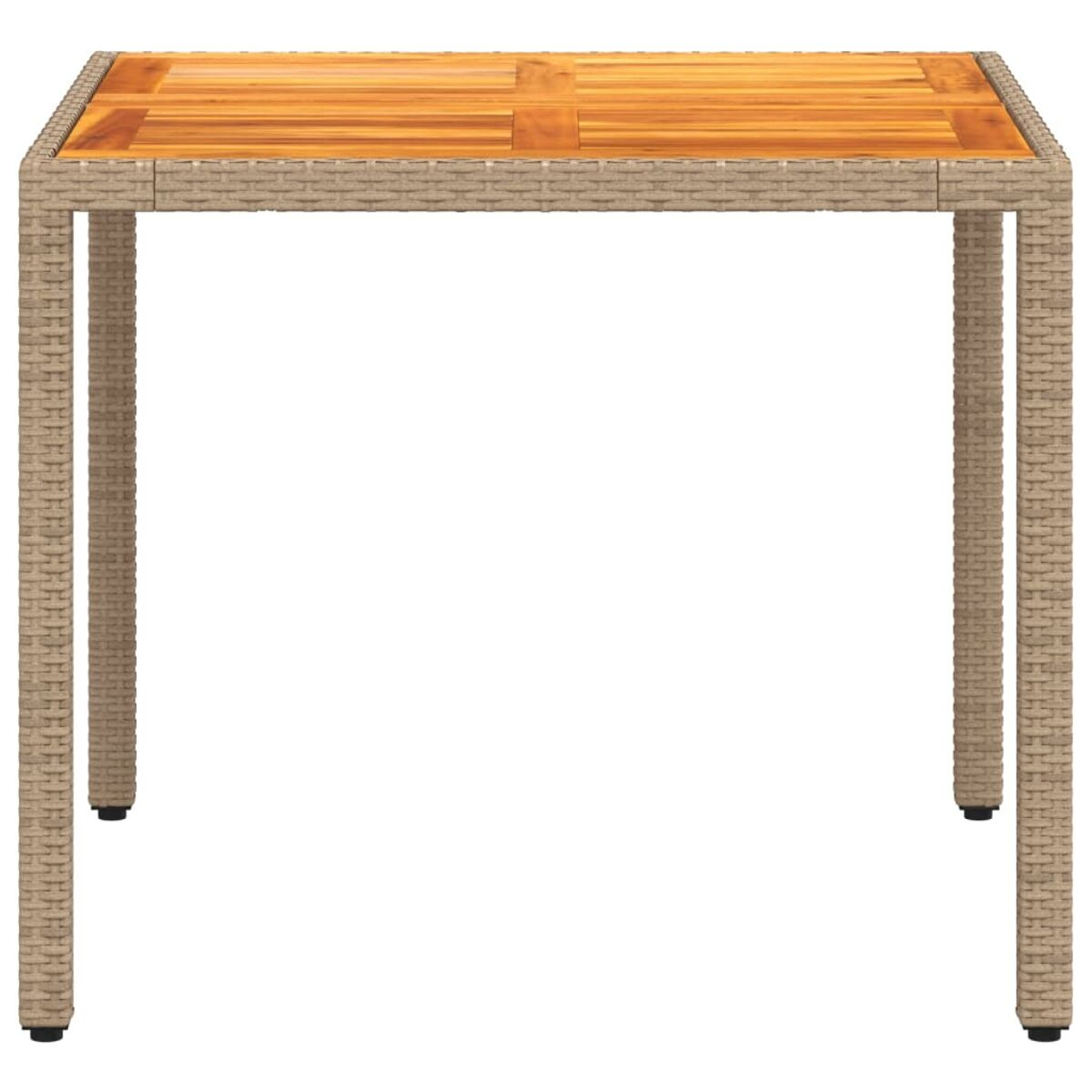 Kleiner quadratischer Tisch mit gewebtem Rahmen und Holzplatte. Der Tisch hat vier Beine.