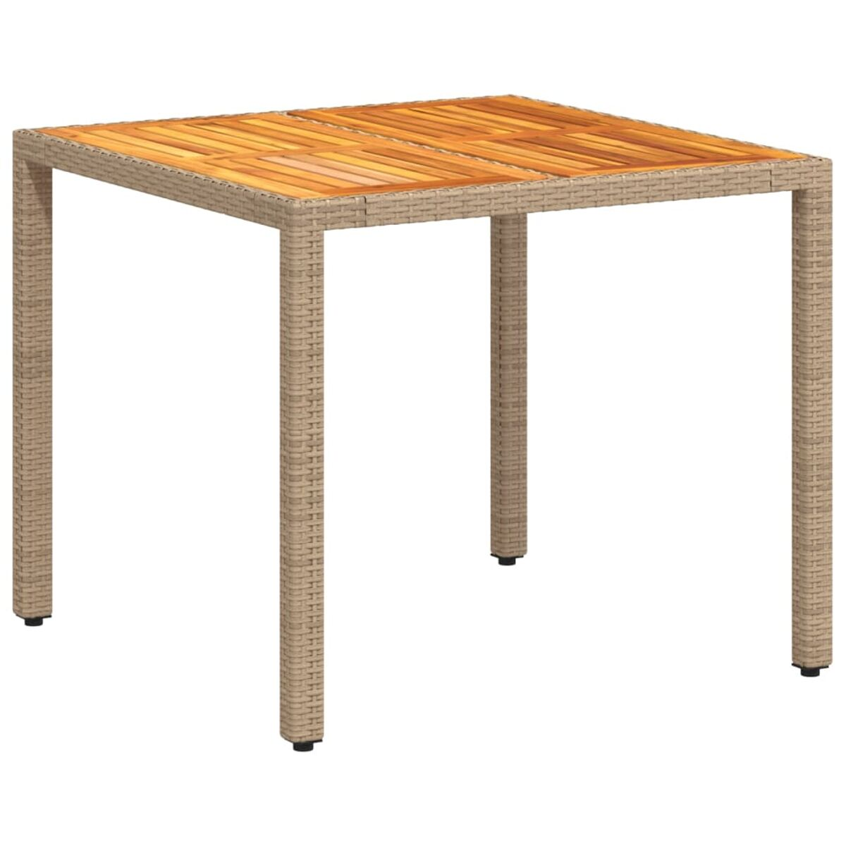 Quadratischer Tisch mit gewebten Seiten und Holzplatte, auf weißem Hintergrund.