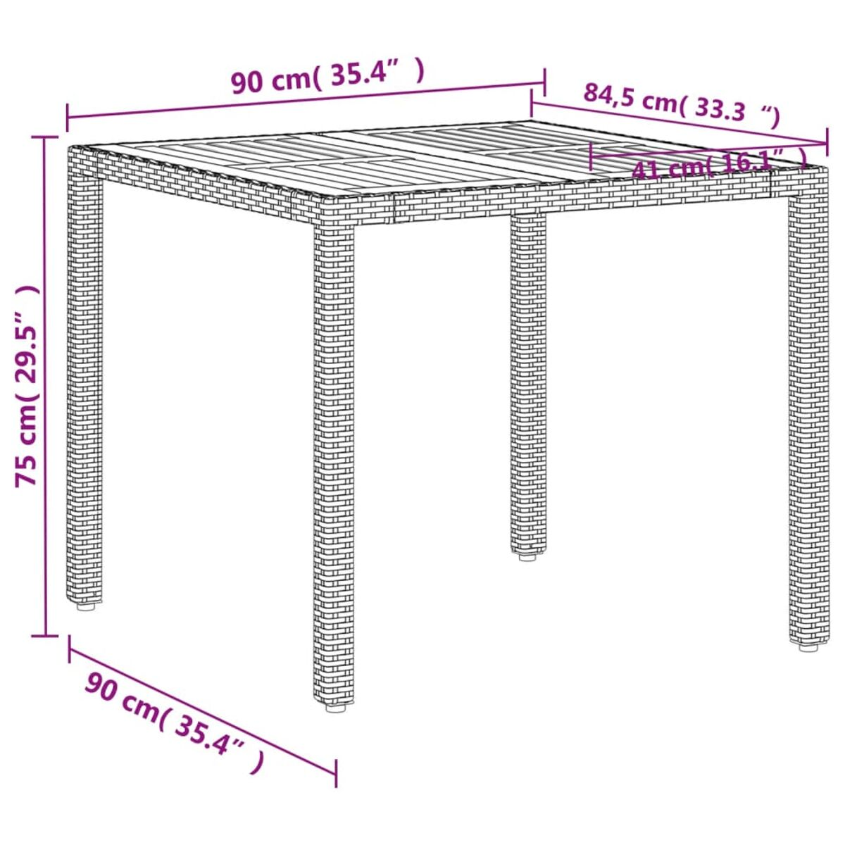Ein quadratischer gewebter Tisch mit Maßen. Der Tisch wird vor weißem Hintergrund gezeigt.