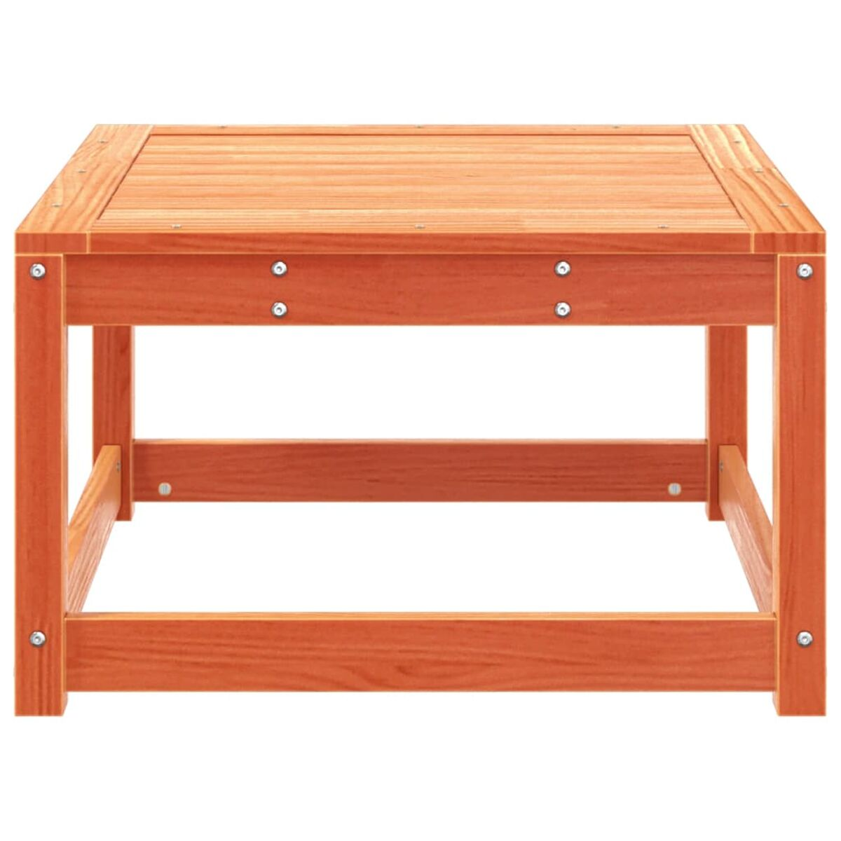 Orangener quadratischer Holztisch. Hat eine Lattenoberseite und quadratische Beine.