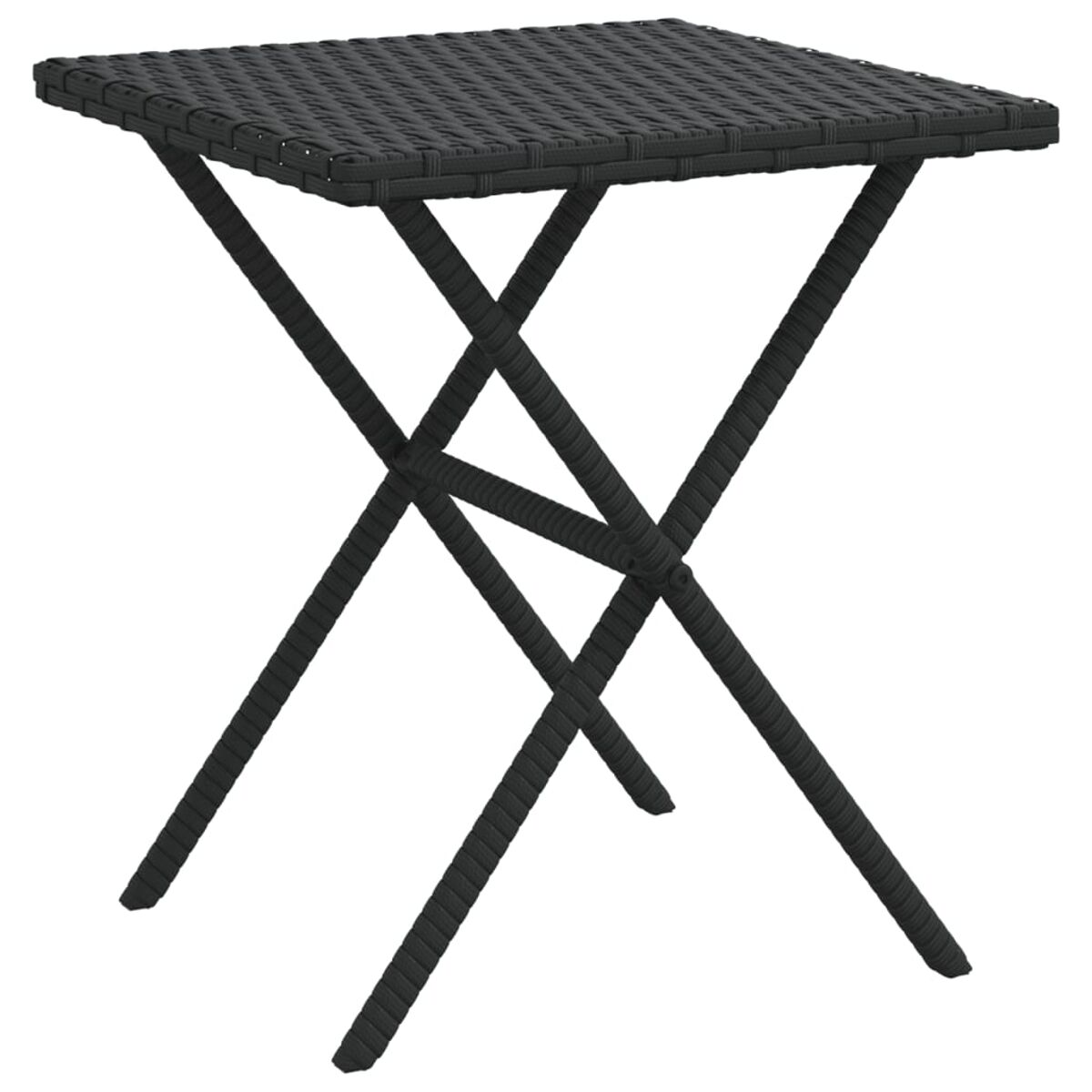 Ein schwarzer, quadratischer Klapptisch mit gekreuzten Beinen. Der Tisch ist aus einem niedrigen Winkel gesehen.