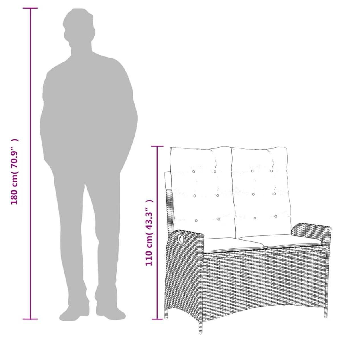 Männersilhouette neben einer Korbliege mit Kissen. Abmessungen sind markiert.