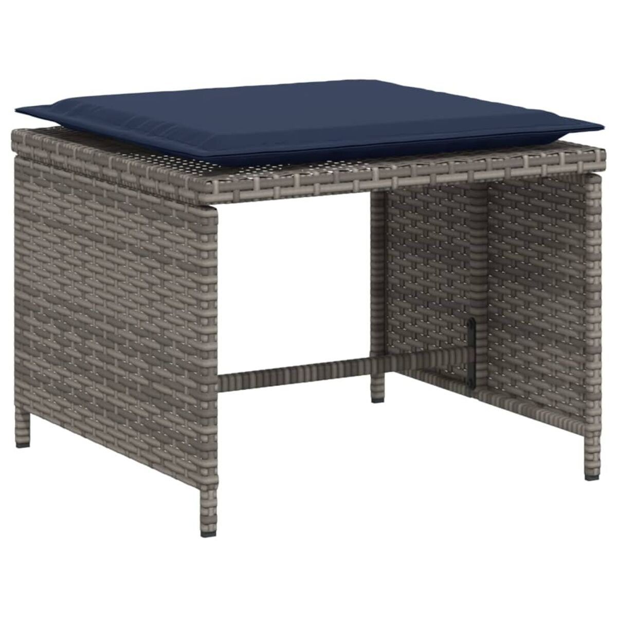 Gewebter grauer quadratischer Tisch, blauer Kissen oben, vier Beine, Outdoor-Setting.