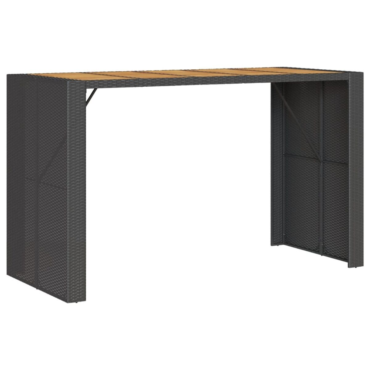Schwarzer gewebter Bartisch mit Holzplatte. Der Tisch hat eine rechteckige Form.