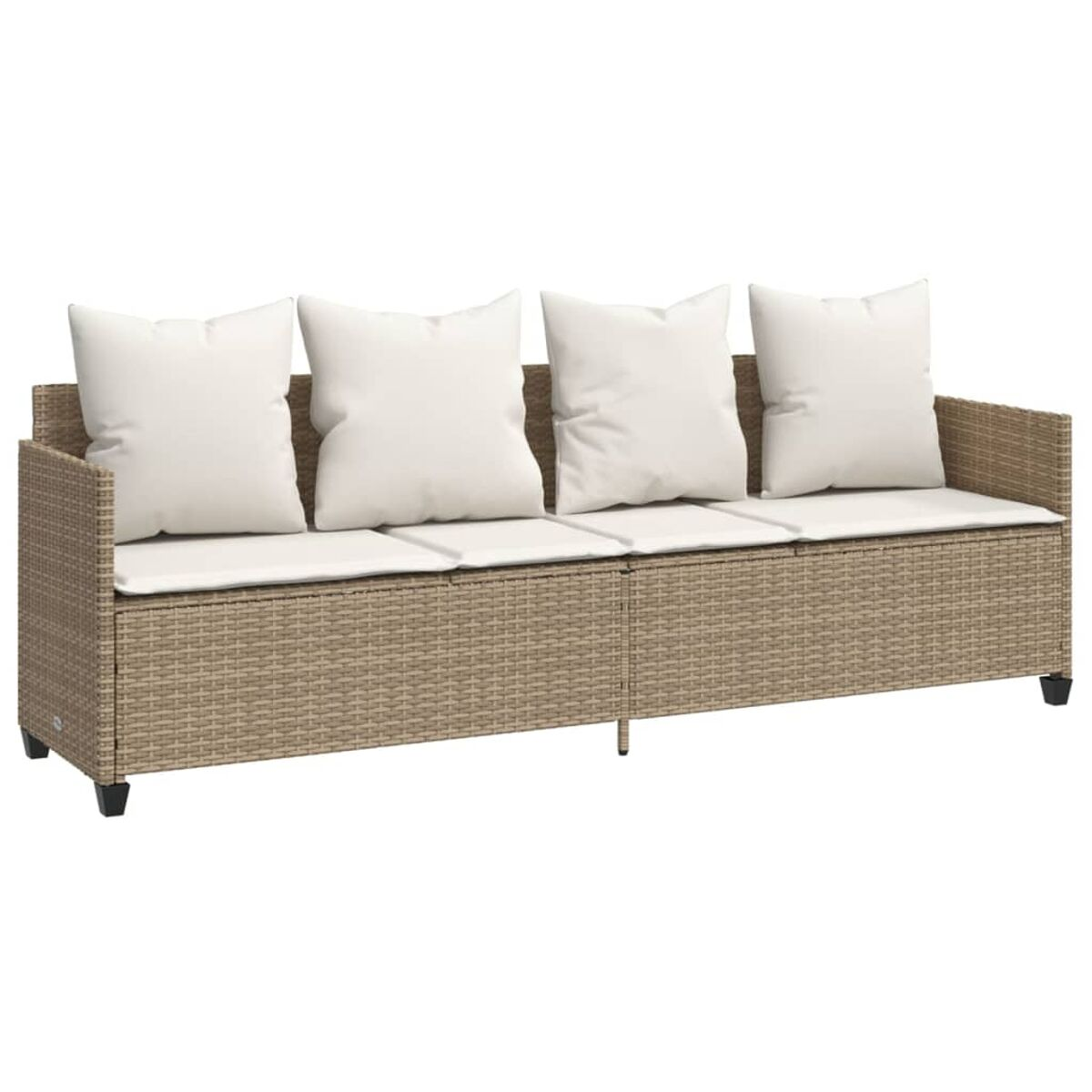 Beiges Rattan-Sofa mit weißen Kissen, für den Außenbereich.