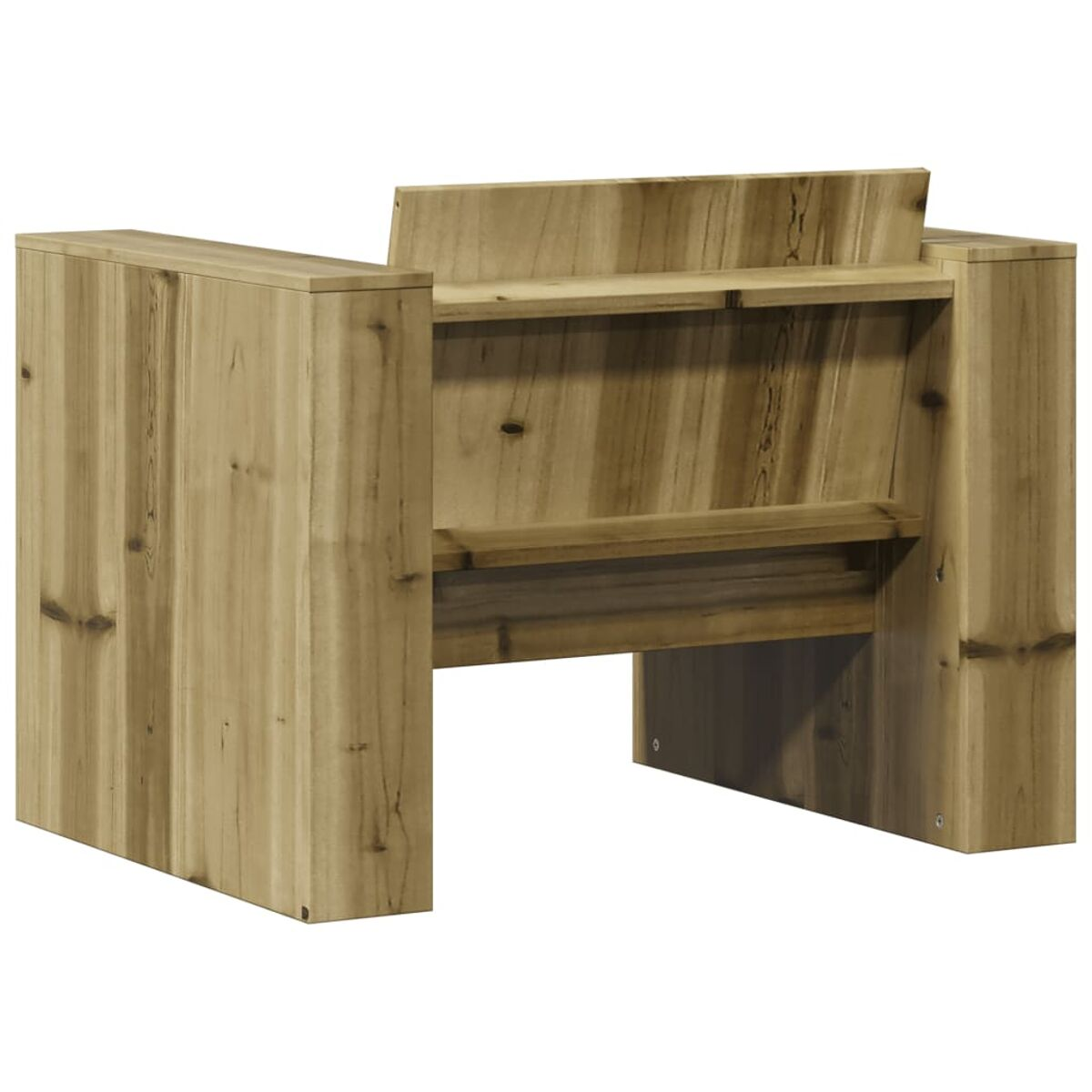 Holz-Außenstuhl mit zwei Ablagen. Helle Holzmaserung. Massive Struktur mit geraden Linien.