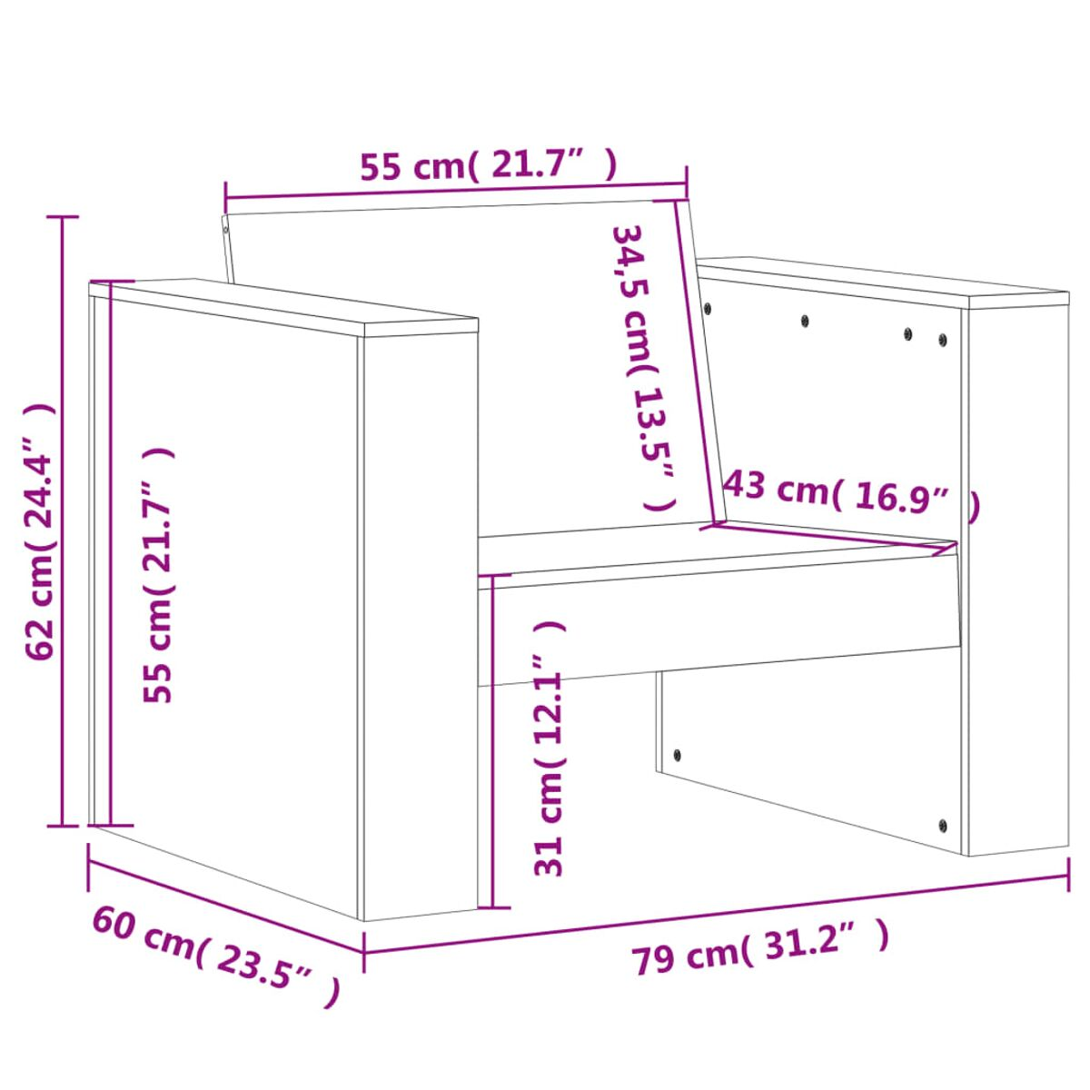 Ein Diagramm eines Sessels mit Abmessungen. Der Sessel ist hellfarben und hat Abmessungen.