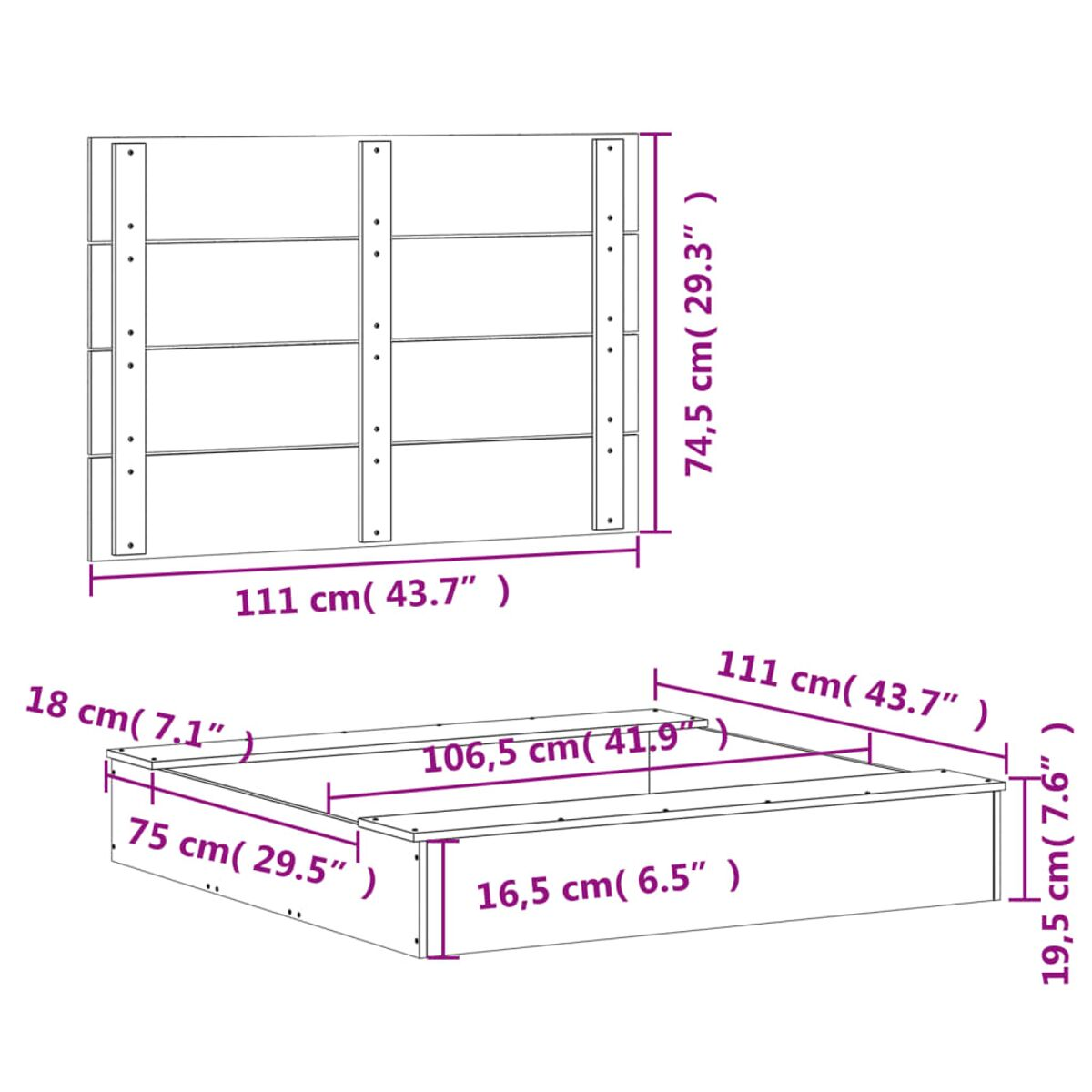 Diagramma di un telaio del letto con dimensioni in cm e pollici. Mostra una testiera e il telaio.