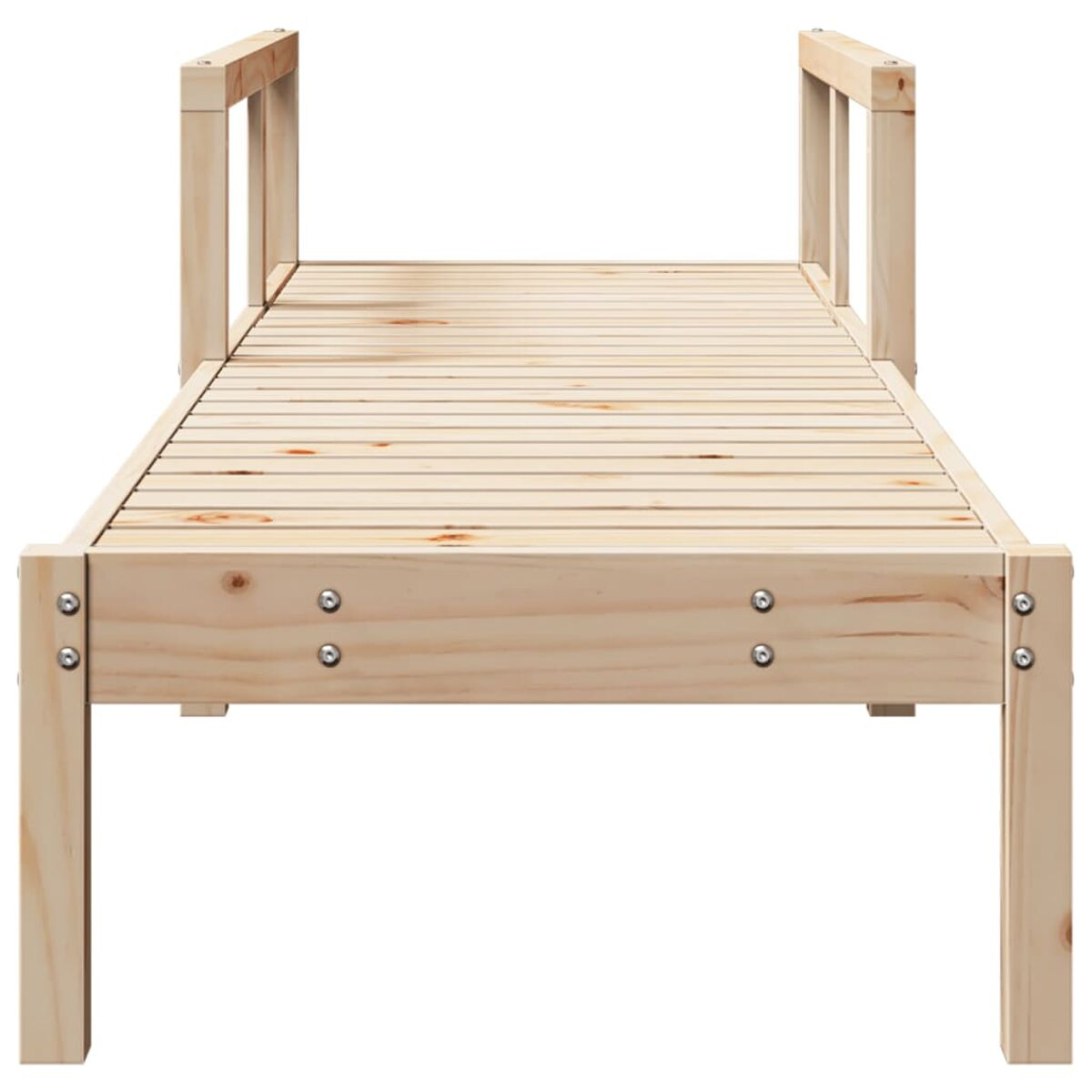 Bettrahmen aus hellem Holz. Er hat horizontale Latten und vertikale Stützen.