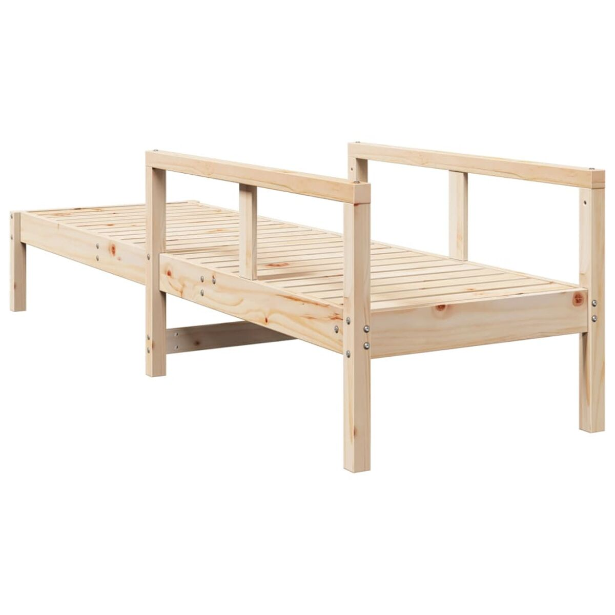 Holz-Tagesbett mit Kopf- und Fußleisten. Helle Holzfarbe.
