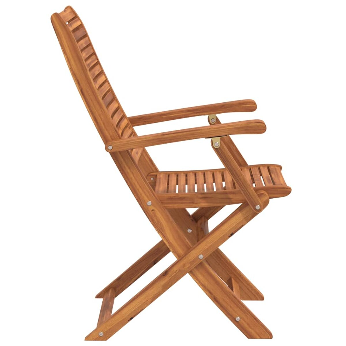 Sedia pieghevole in legno vista laterale. Mostra l'angolo e la costruzione del sedile.