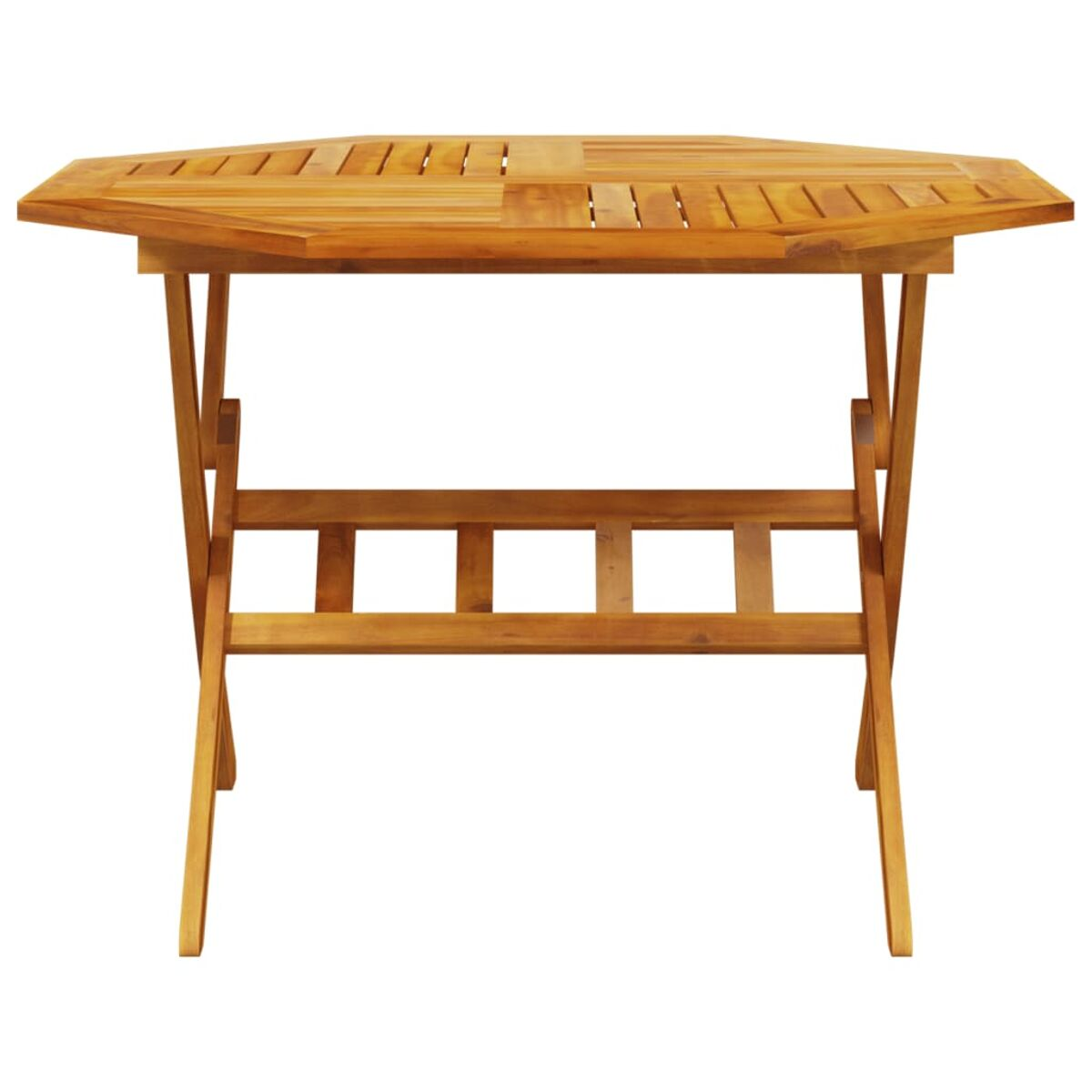 Achteckiger Holztisch mit Lattenrost und klappbarem Beindesign.
