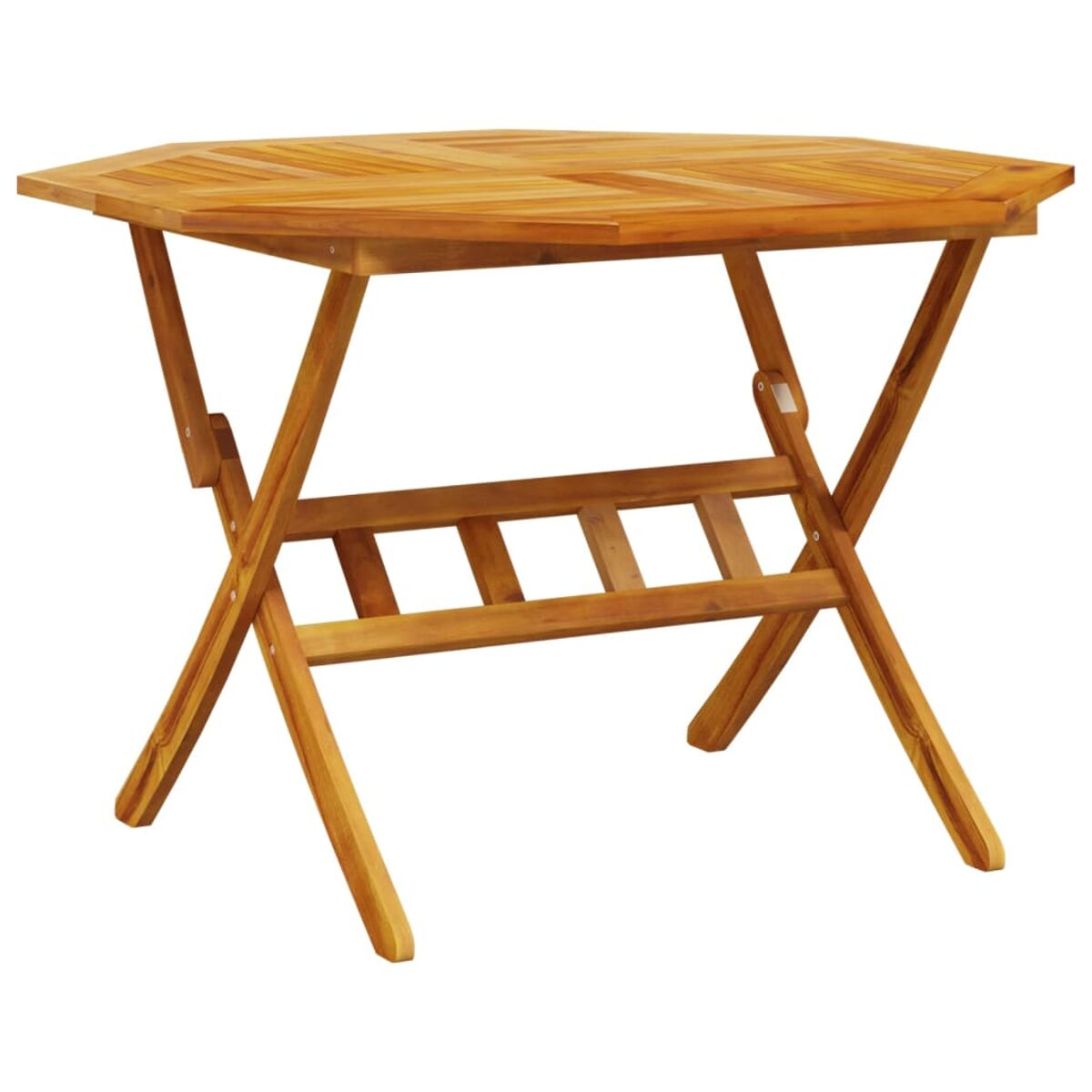 Sechseckiger Holztisch. Braune Farbe, klappbare Beine. Weißer Hintergrund.