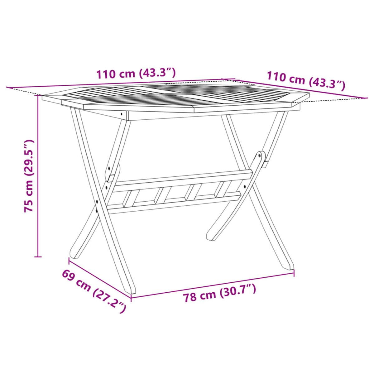 Ein achteckiger, zusammenklappbarer Holztisch mit Maßen. Die Oberseite hat ein Lattenrost-Design, getragen von einem X-förmigen Rahmen.