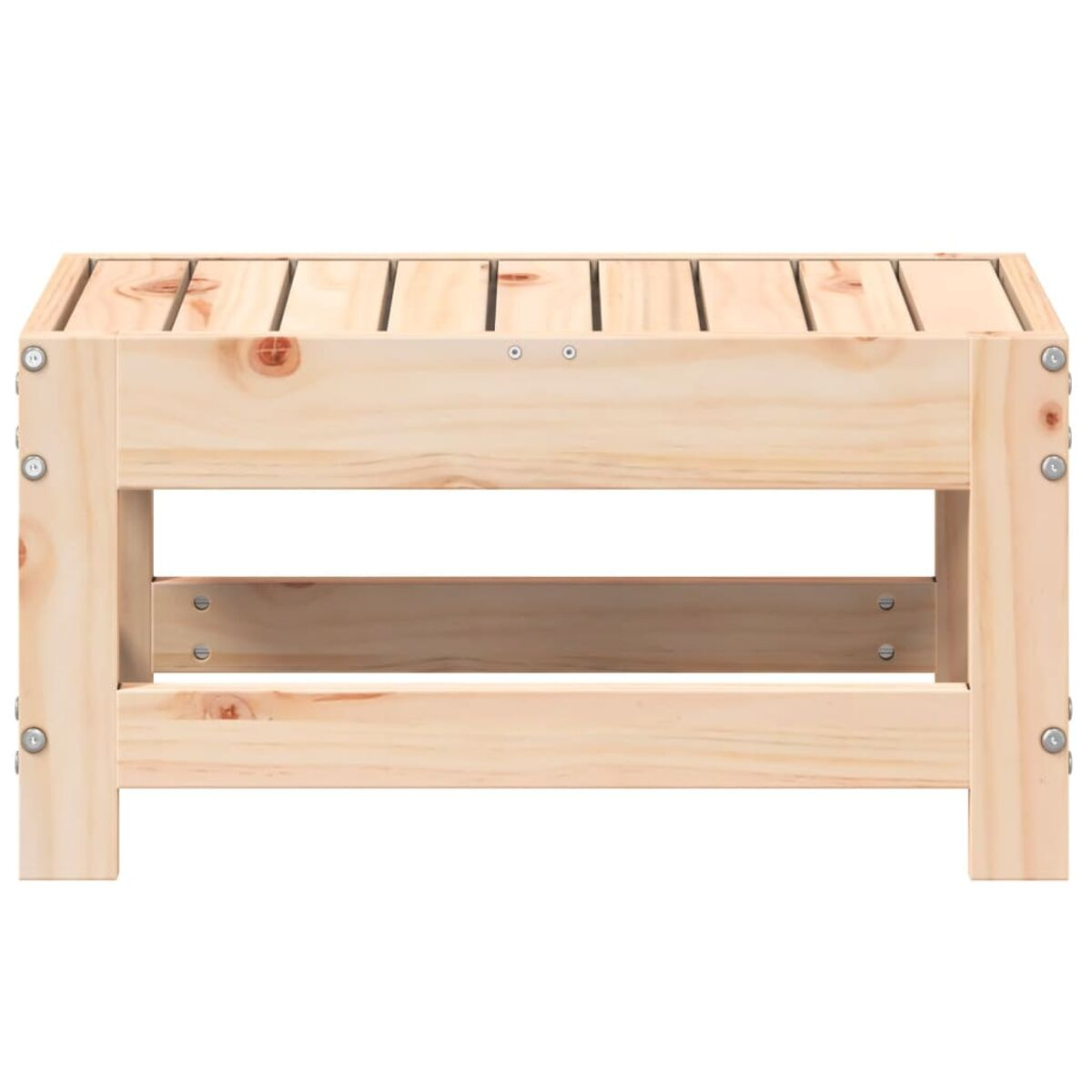 Holzbank, hellbraune Farbe, Lattenoberfläche, sichtbare Schrauben an den Seiten.