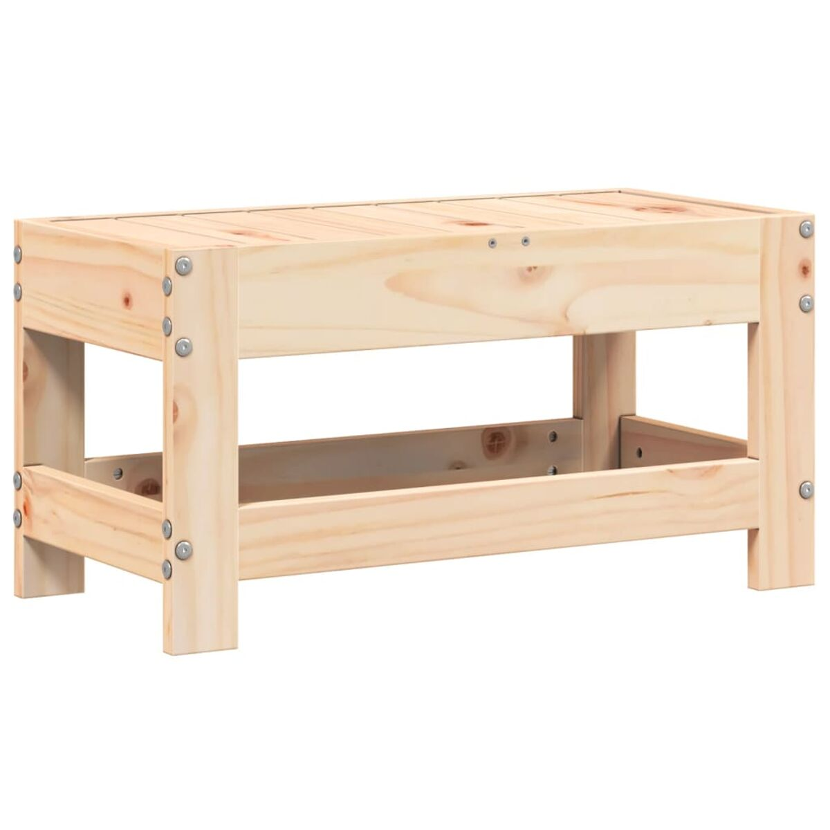 Holzbank mit sichtbaren Schrauben, rechteckige Form, helle Holzfarbe.
