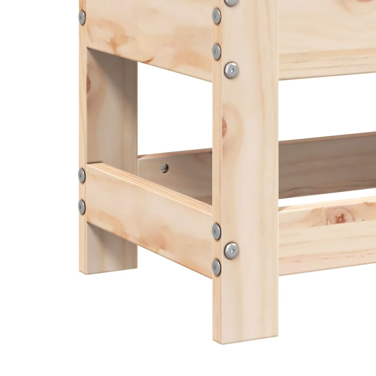 Nahaufnahme eines Holzmöbelfußes, der mit Silberschrauben mit einem Rahmen verbunden ist.