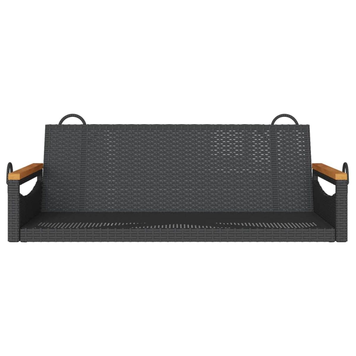 Dunkelgraues Outdoor-Sofa aus Korbgeflecht mit Holzarmlehnen. Der Hintergrund ist weiß.