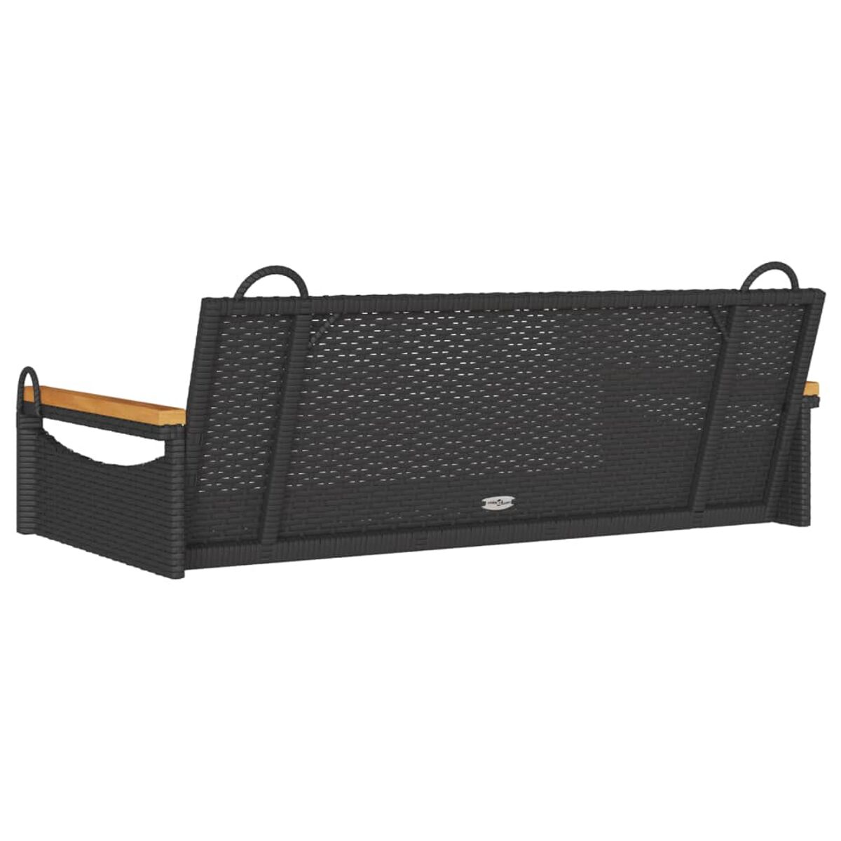 Schwarze Outdoor-Sofarückseite aus Korbgeflecht. Holzarmlehnen. Schlichtes Design. Draußen.