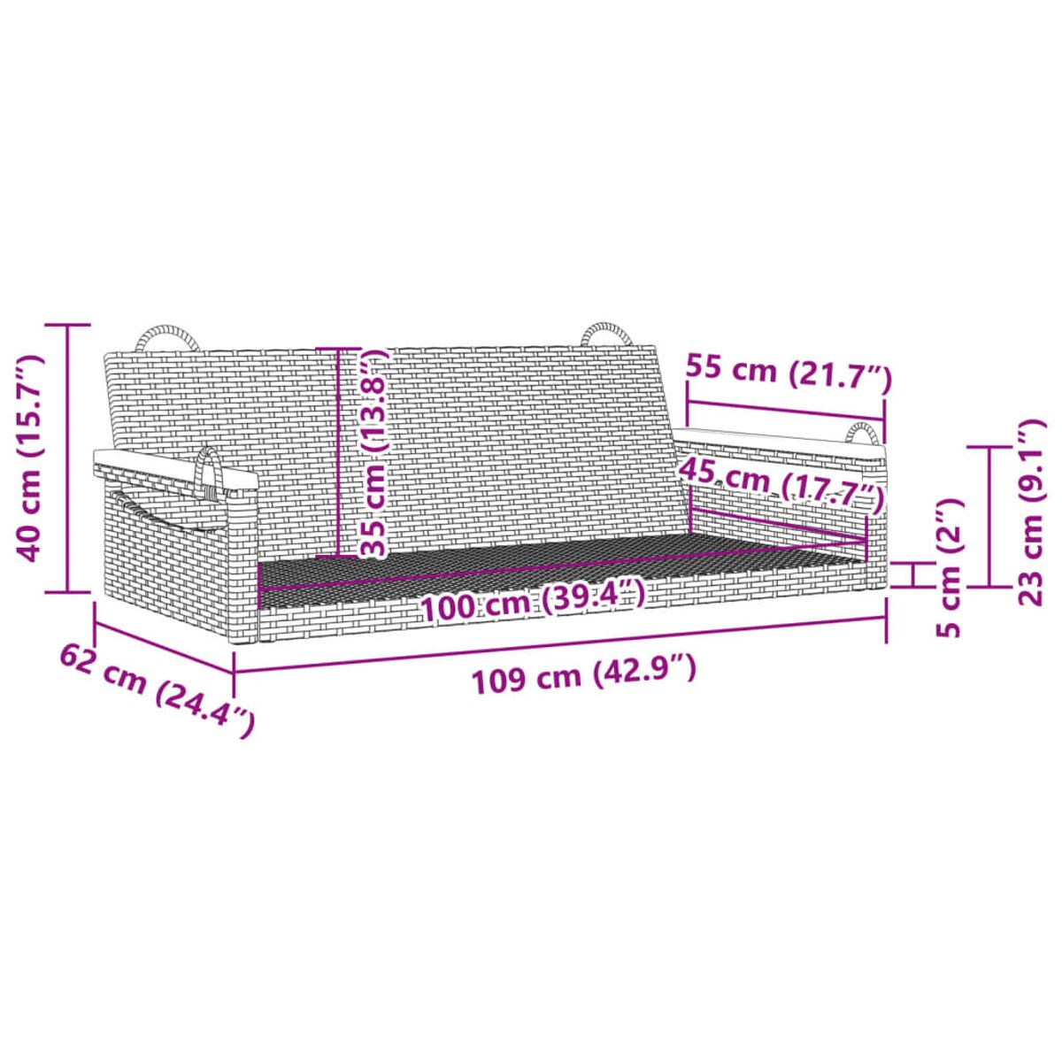 Ein Diagramm eines Rattan-Schaukelbettes mit Abmessungen in Zentimetern und Zoll.