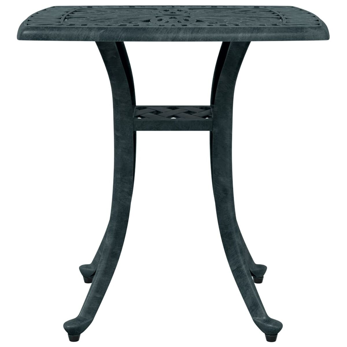 Dunkelgrauer quadratischer Gartentisch mit dekorativer Oberseite und gebogenen Beinen.