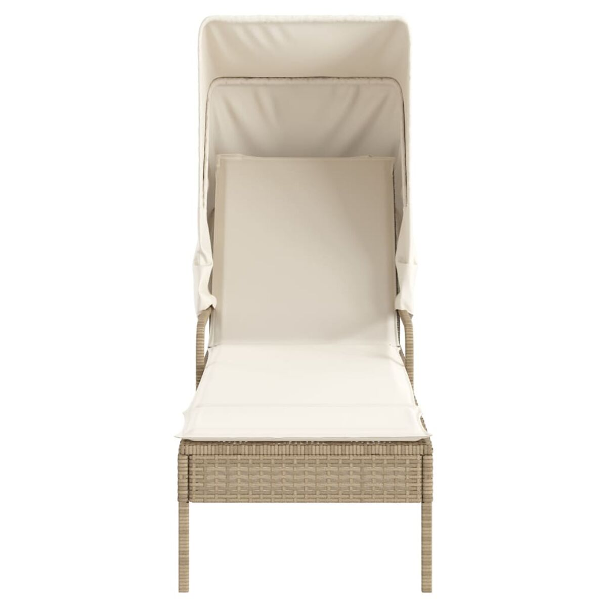 Rattan-Liegestuhl mit beigem Kissen und Baldachin. Isoliert auf Weiß.