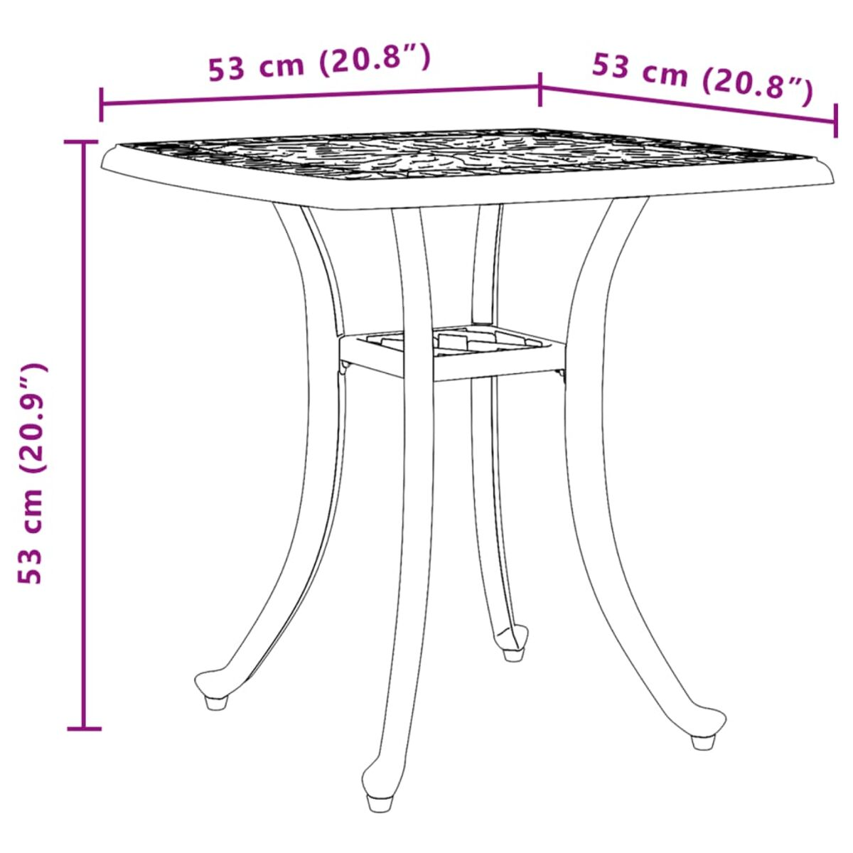 Ein quadratischer Metalltisch mit gemusterter Platte und geschwungenen Beinen, mit Maßen.