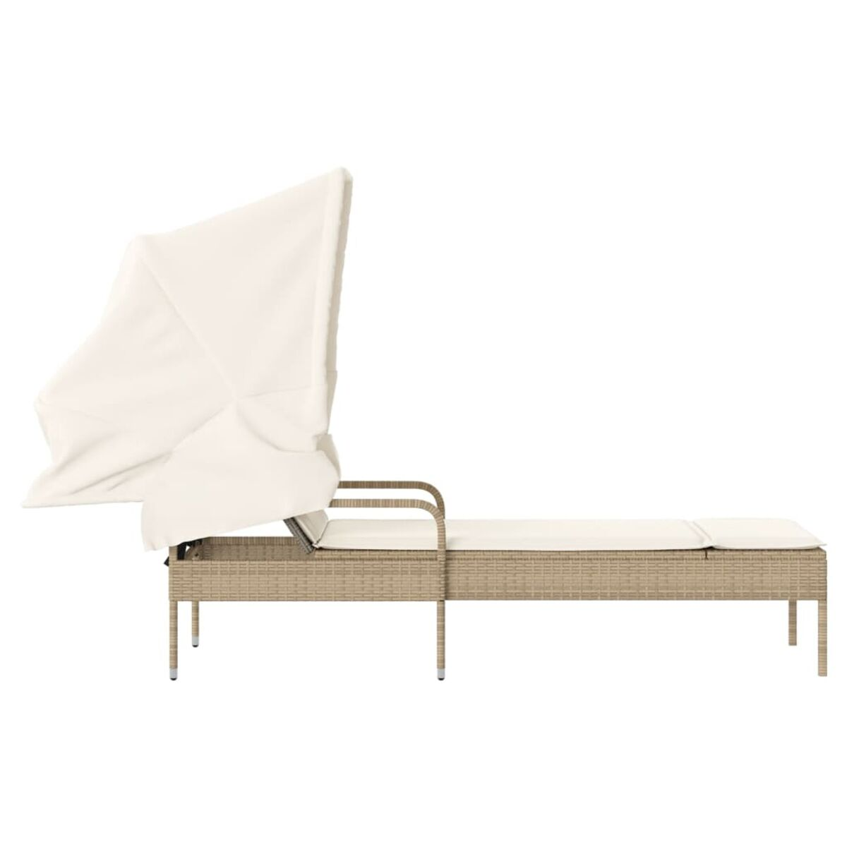 Eine beige Outdoor-Liege mit weißem Baldachin, vor weißem Hintergrund.