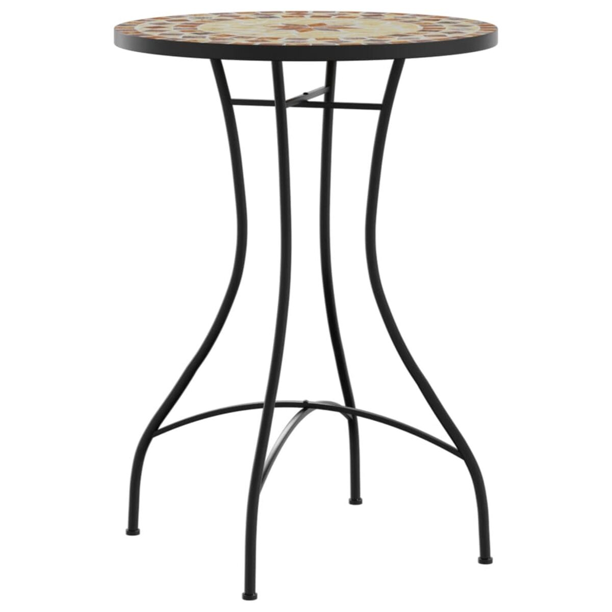 Ein Bistrotisch mit Mosaikplatte, schwarzem Metallrahmen und geschwungenen Beinen.