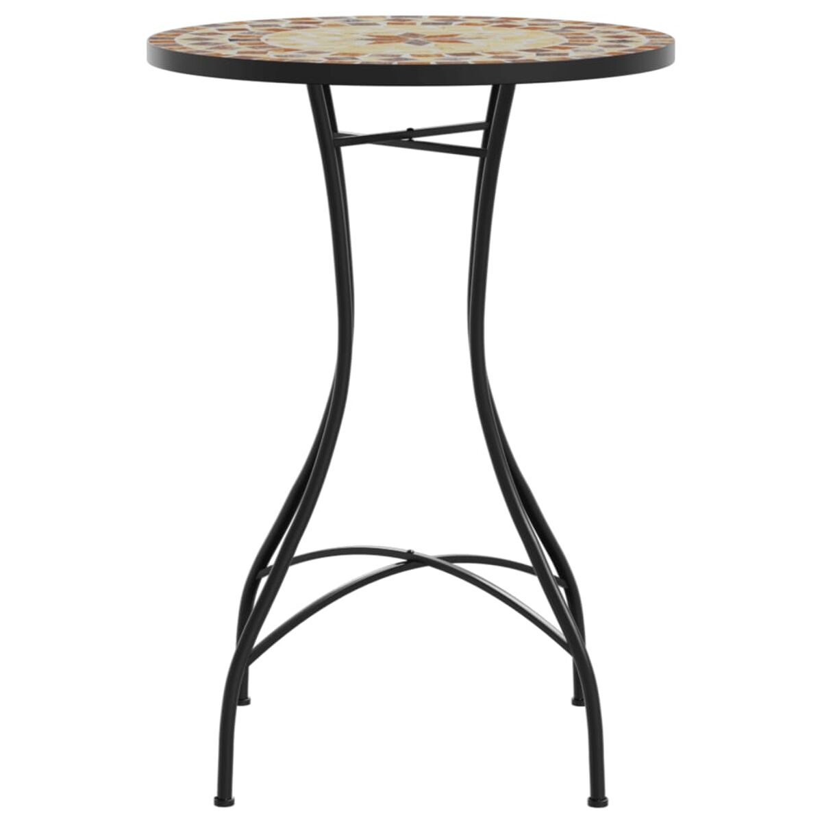 Runder Bistrotisch mit Mosaikplatte und schwarzem Metallsockel, freigestellt.