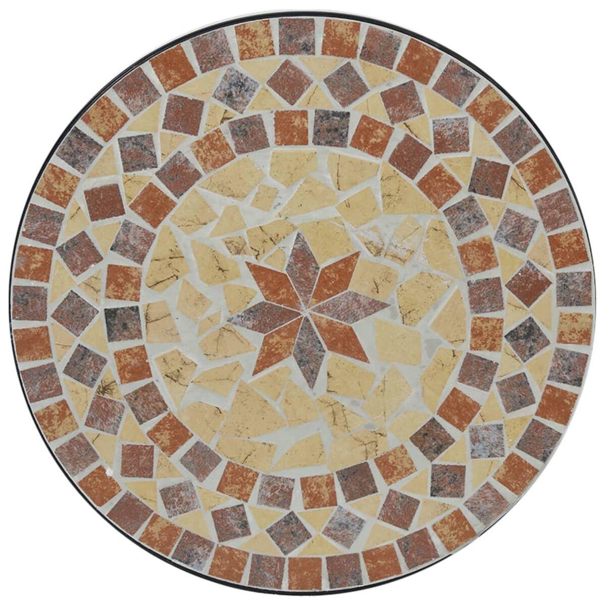 Runder Mosaiktisch mit Sternmuster in der Mitte. Der Hintergrund ist weiß.