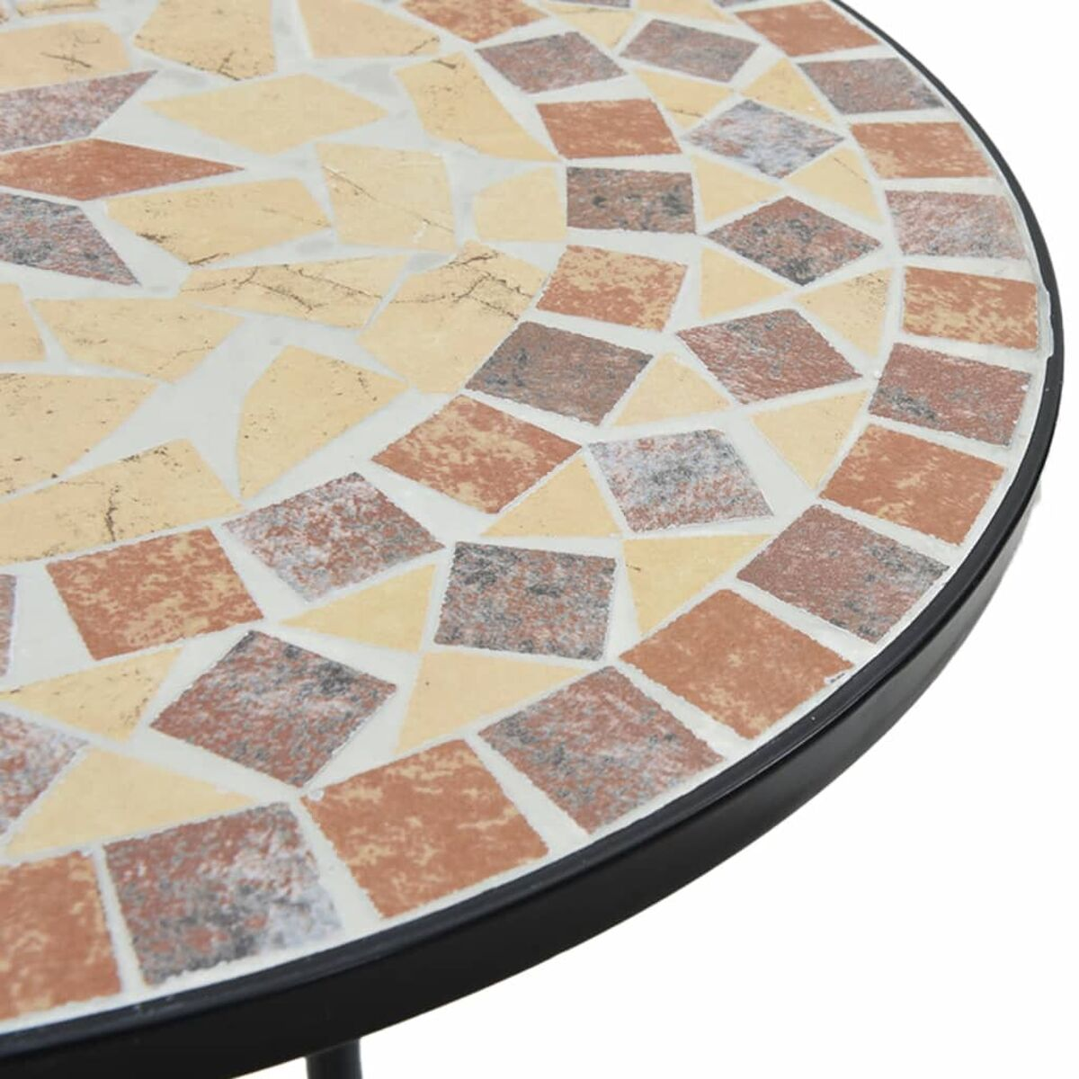 Mosaik-Tischplatte. Braune, beige und hellbraune Fliesen. Rund mit schwarzem Rand. Nahaufnahme.
