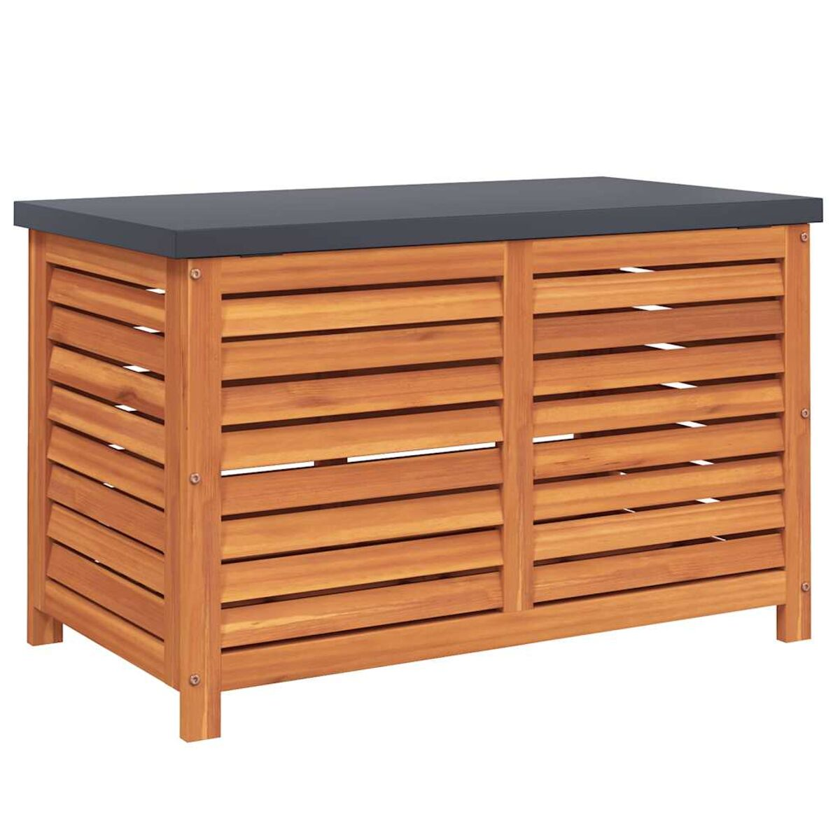 Holzaufbewahrungsbox mit dunkler Oberseite. Die Box hat horizontale Lamellen. Die Oberseite ist grau.