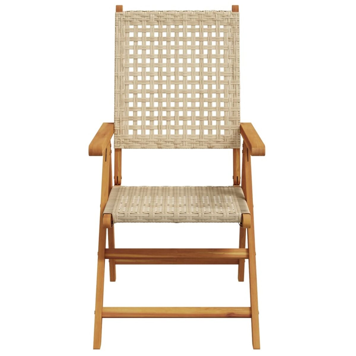 Ein Holz-Klappstuhl mit gewebtem Sitz und Rücken. Der Stuhl ist beige. Weißer Hintergrund.
