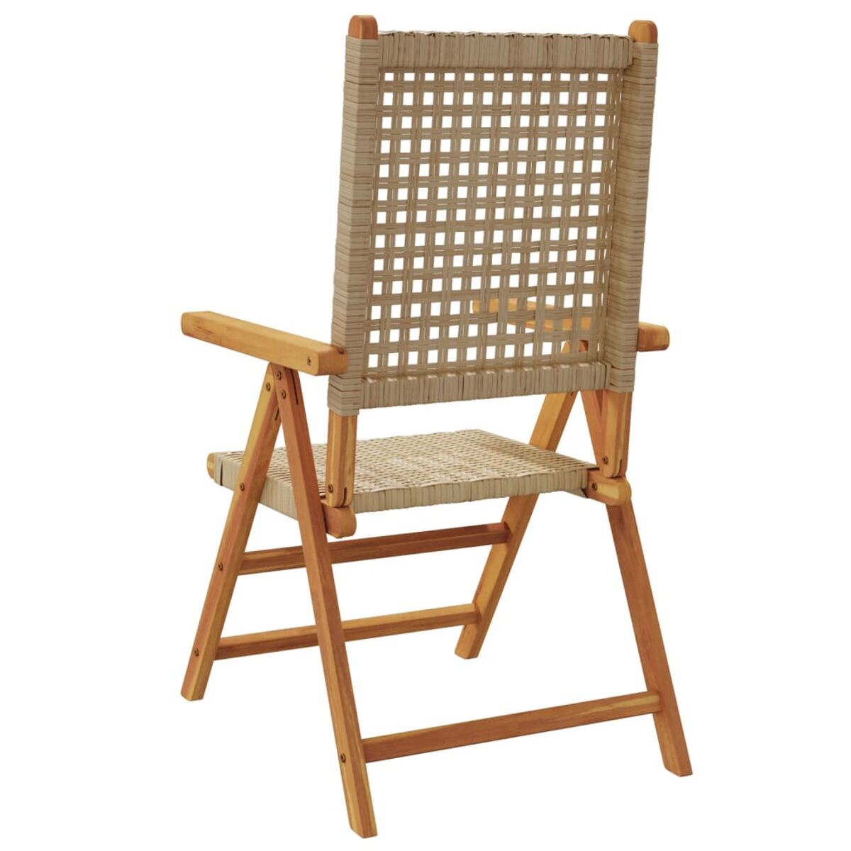 Klappstuhl aus Holz, beigefarbener gewebter Sitz und Rücken. Brauner Rahmen. Rückansicht, schräg.