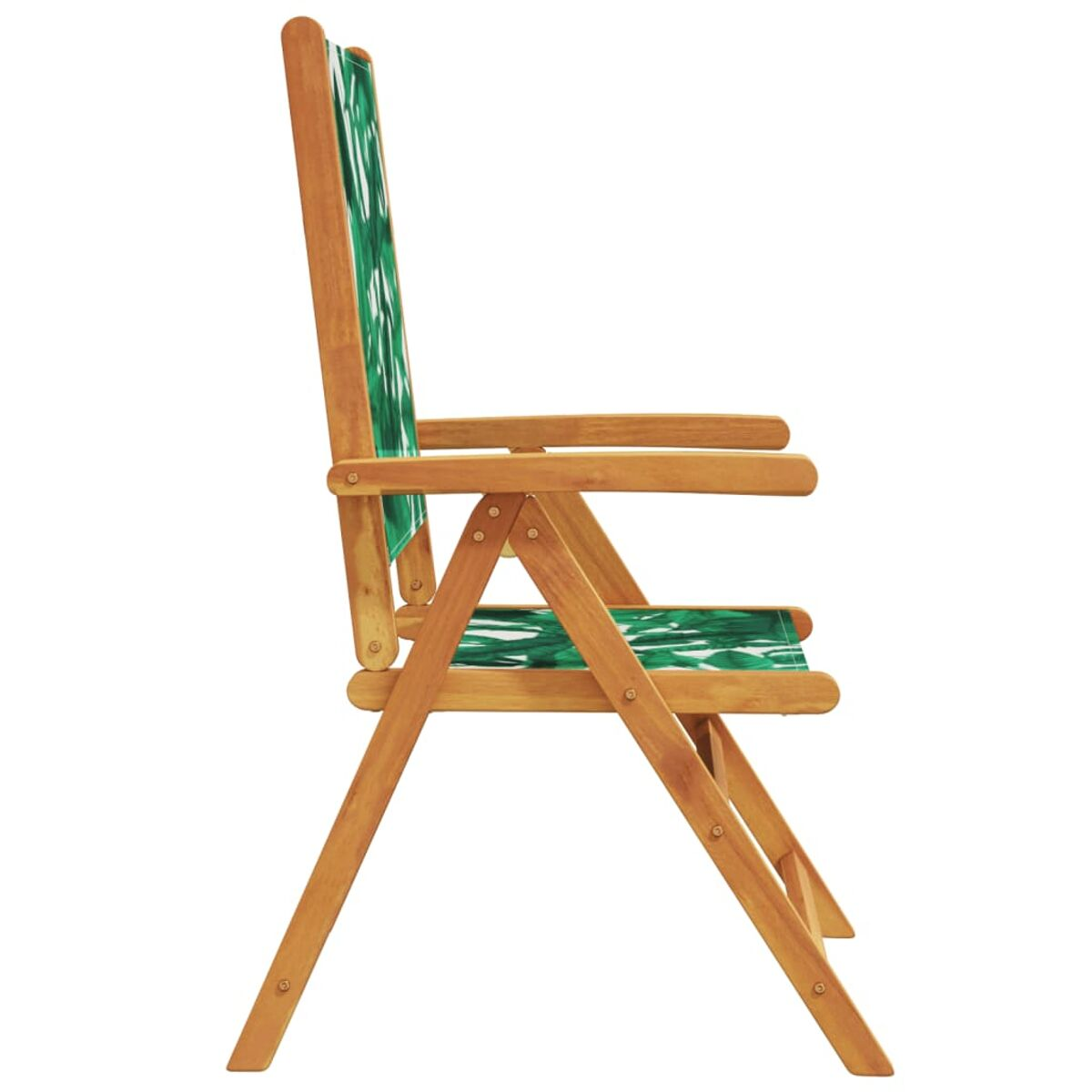 Holzstuhl, Seitenansicht, mit Stoff mit grünem Blättermuster.