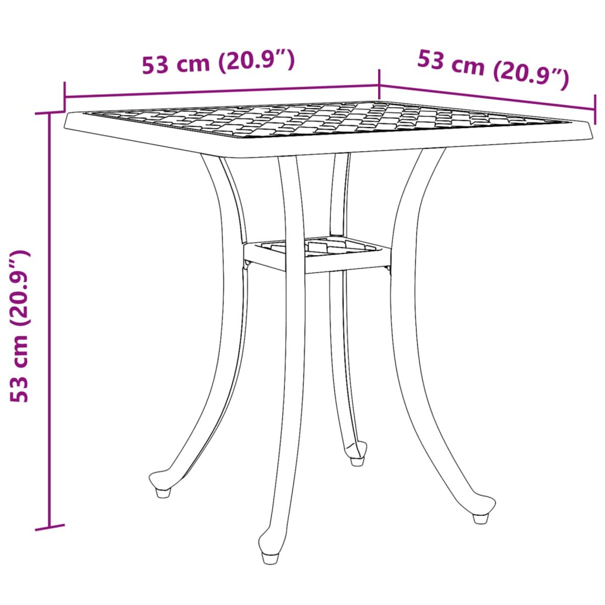 Ein quadratischer Metalltisch mit karierter Oberfläche. Abmessungen in cm und Zoll.