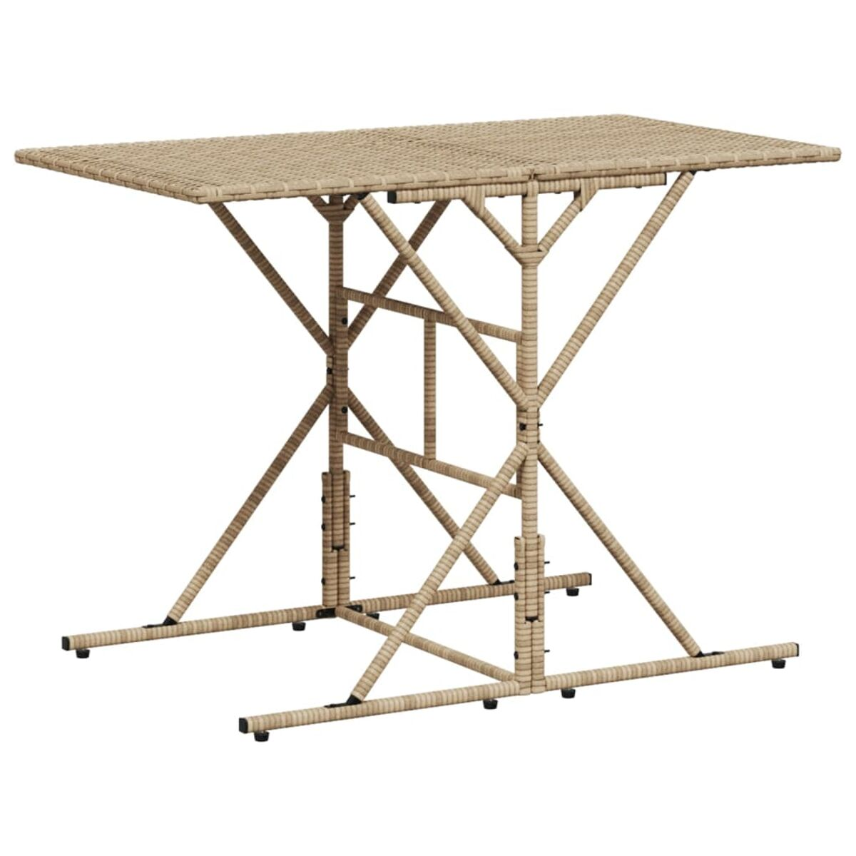 Tavolo da bar per esterni con piano intrecciato e design a gambe incrociate.