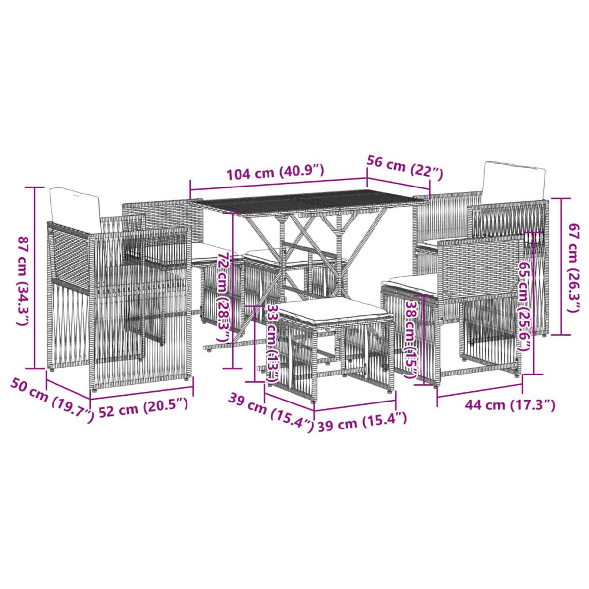 Set da pranzo per esterni con dimensioni. Include tavolo, sedie e cuscini.