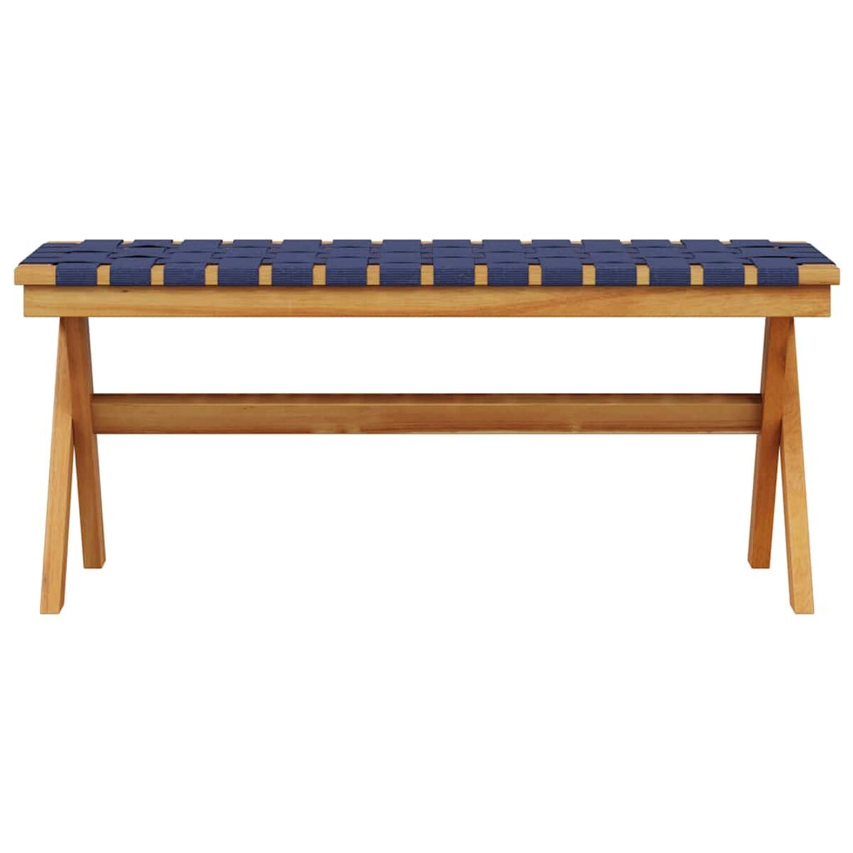 Una panca in legno con seduta blu intrecciata su sfondo bianco.