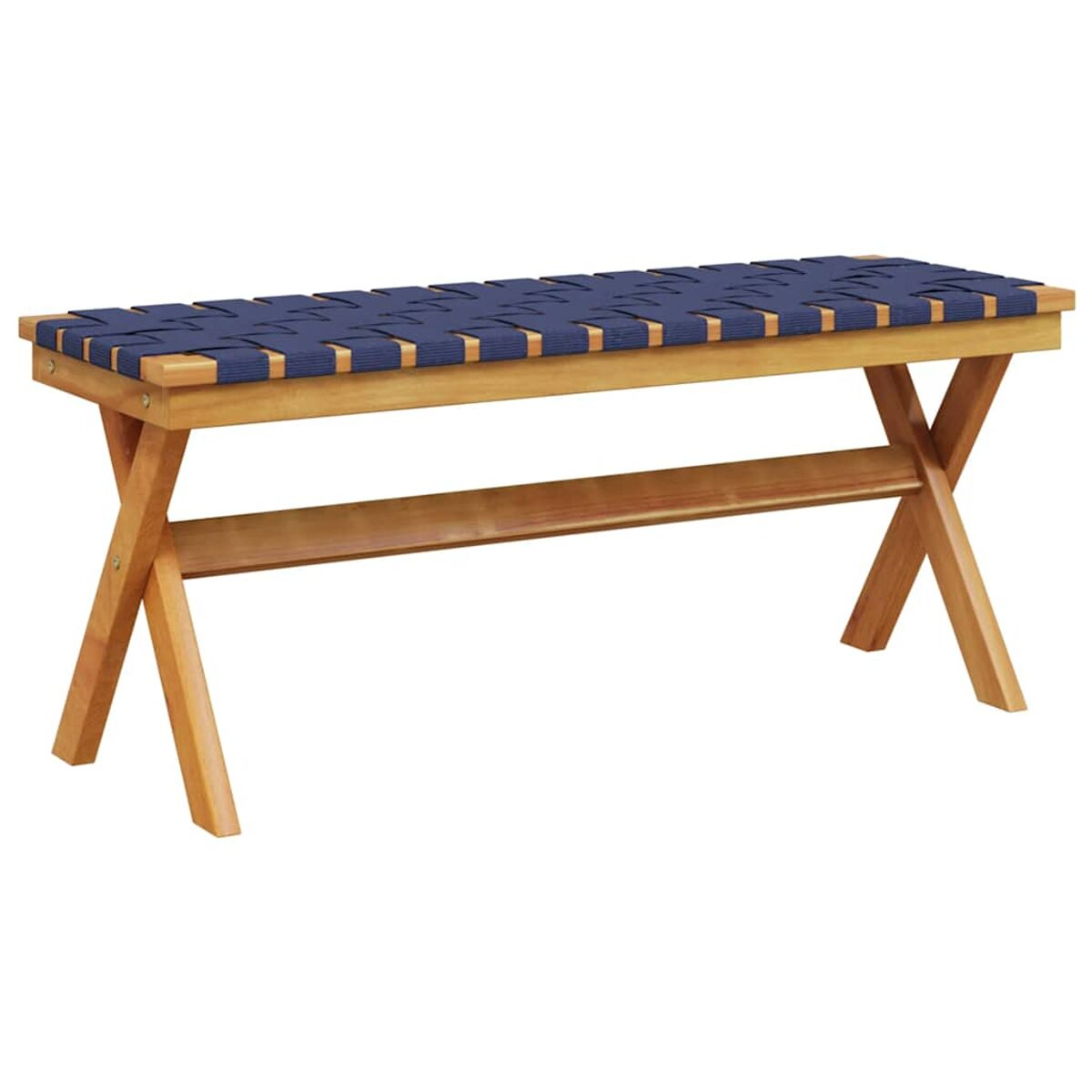 Panca in legno con seduta blu intrecciata, gambe a forma di X e un ripiano inferiore.