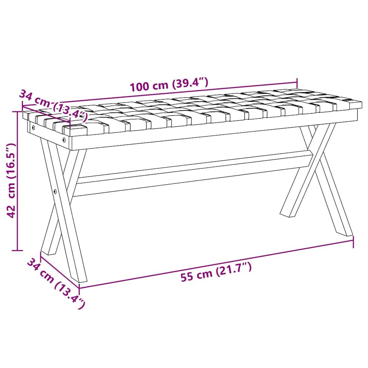 Panca in legno con piano a doghe e gambe a forma di X. Dimensioni in cm e pollici.