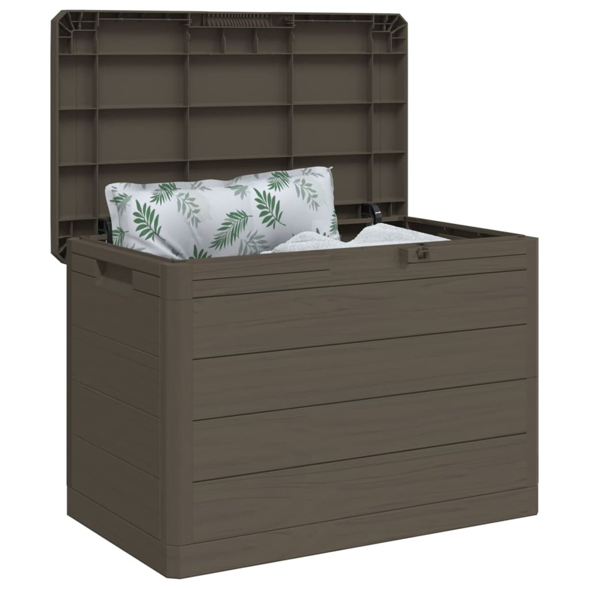 Eine braune Aufbewahrungsbox für den Außenbereich mit offenem Deckel. Sie enthält ein Kissen und ein weißes Laken.