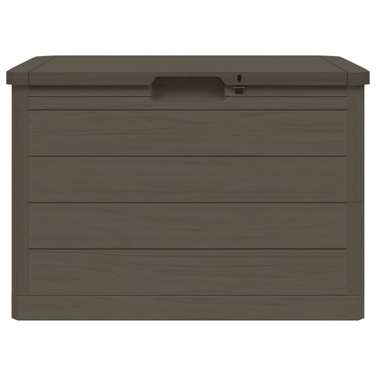Eine braune Outdoor-Aufbewahrungsbox mit horizontaler Holzstruktur. Oben befinden sich ein Griff und ein Schloss.