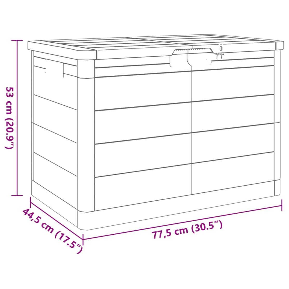 Eine beige Aufbewahrungsbox mit Deckel. Abmessungen sind in cm und Zoll angegeben.