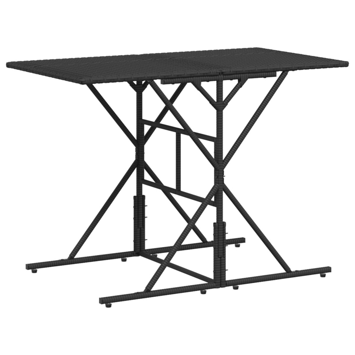 Ein schwarzer Outdoor-Tisch mit gewebter Oberseite und einem kreuzförmigen Bein-Design.