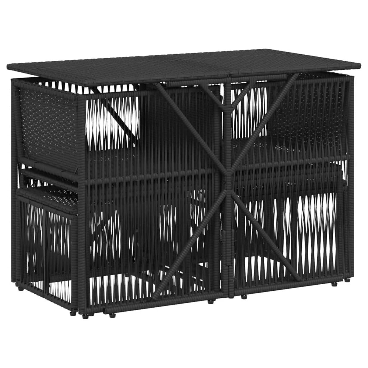 Schwarze gewebte Outdoor-Aufbewahrungseinheit mit Oberteil und Sitzbereich. Die Einheit hat ein symmetrisches Design.