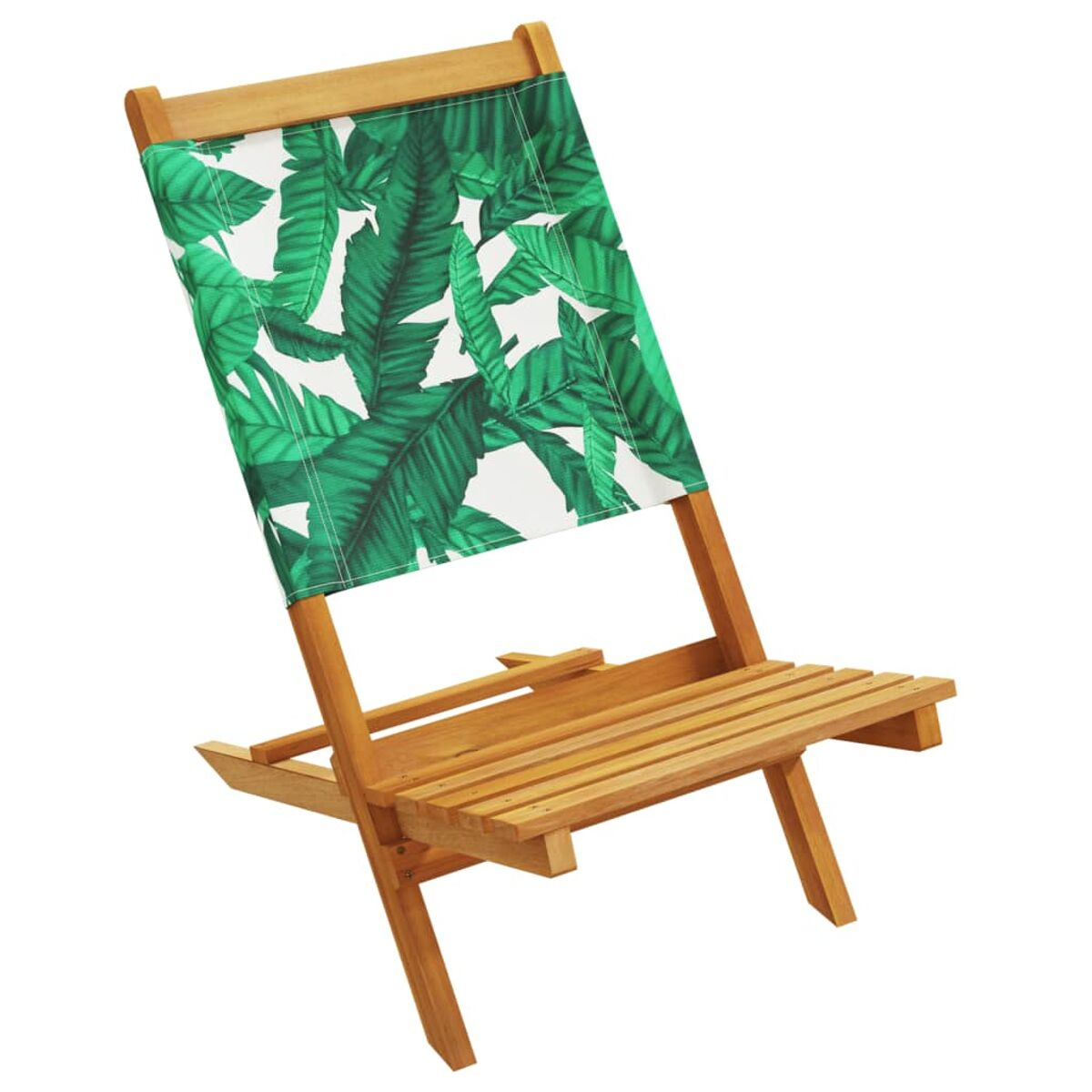 Sedia da spiaggia in legno con design a foglie verdi. La sedia è leggermente inclinata in avanti.